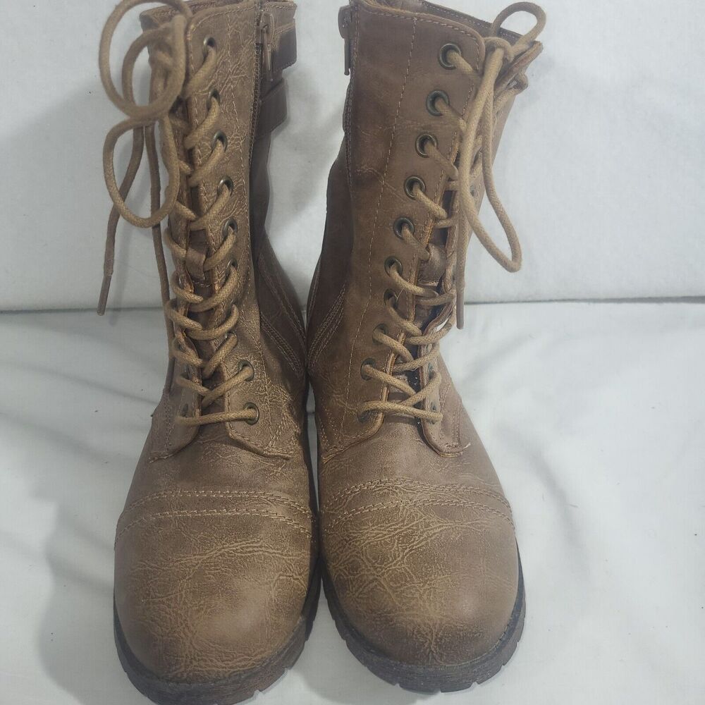 Rampage Lace Up Combat Boots Womens 6.5 brown Jagen Double Buckle Side Zip